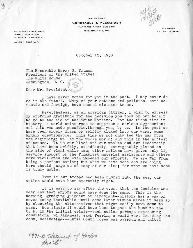 Correspondence Between George W. Constable and Harry S. Truman