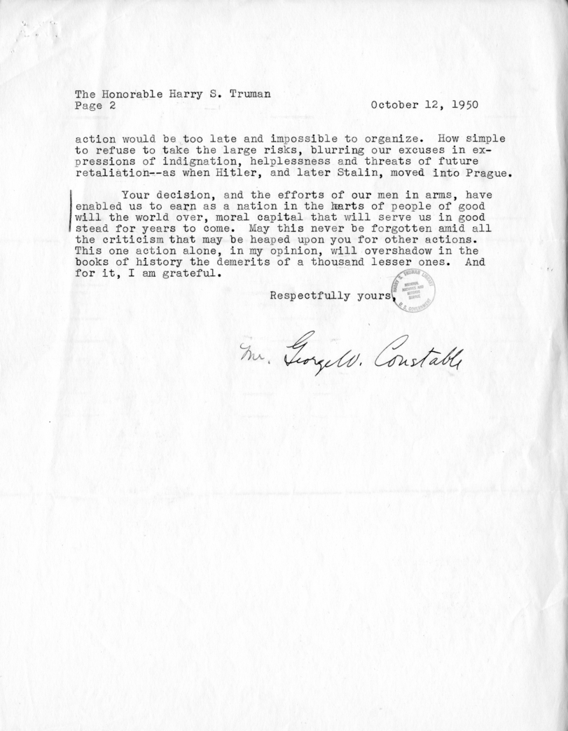 Correspondence Between George W. Constable and Harry S. Truman