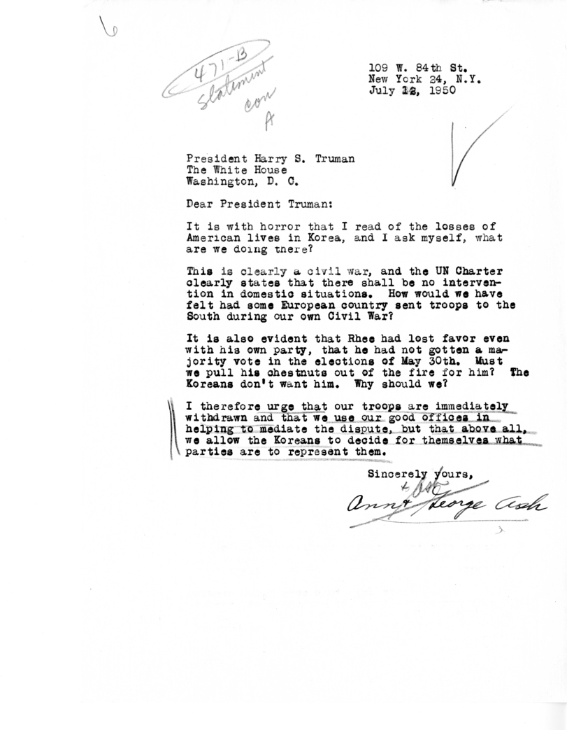 Ann and George Ash to Harry S. Truman