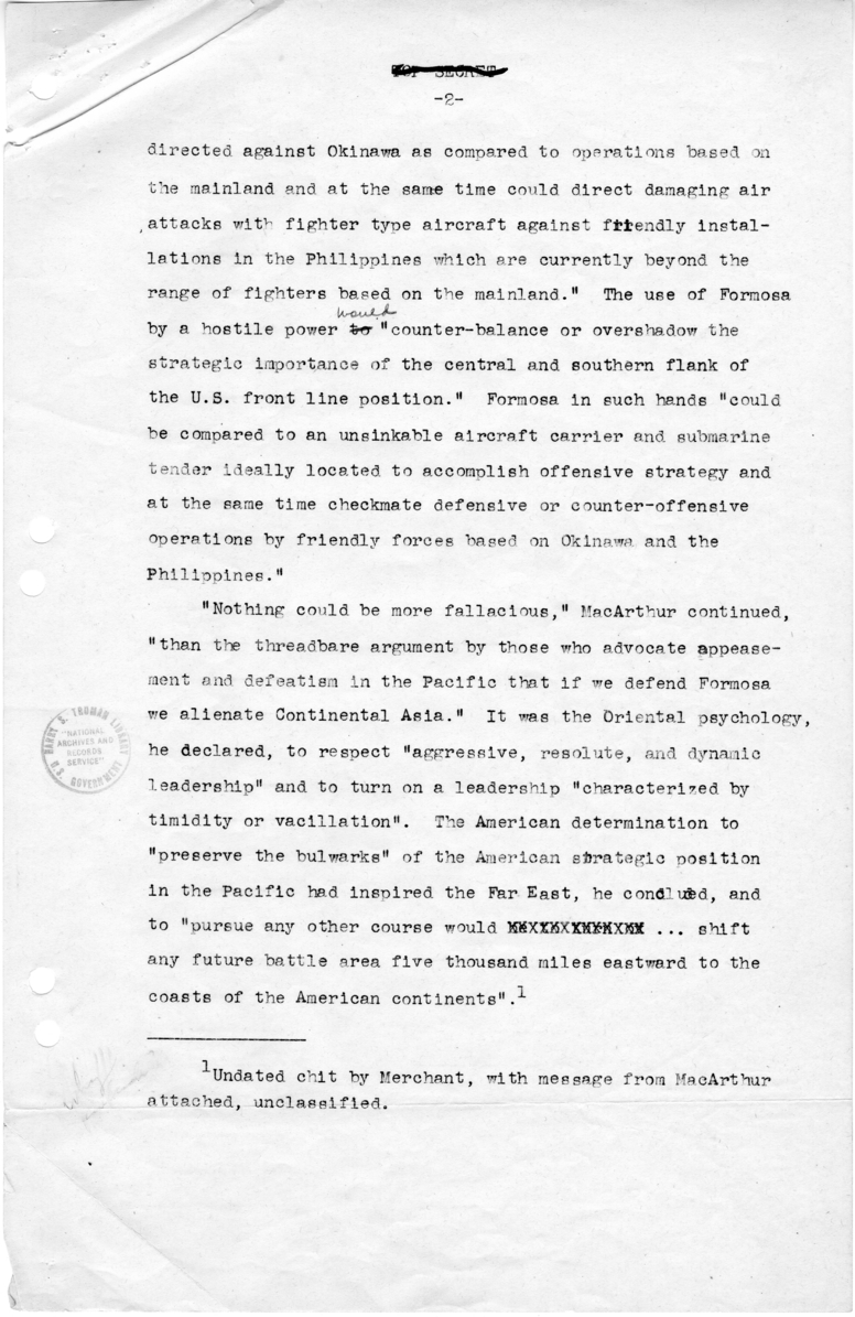 Draft Report Regarding General MacArthur&#039;s Message on Formosa