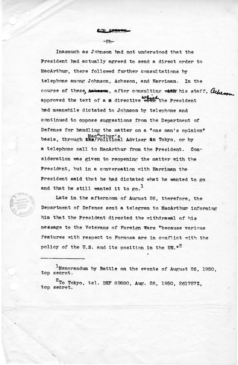 Draft Report Regarding General MacArthur's Message on Formosa