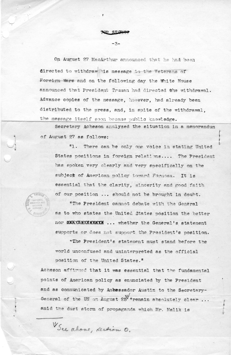 Draft Report Regarding General MacArthur's Message on Formosa