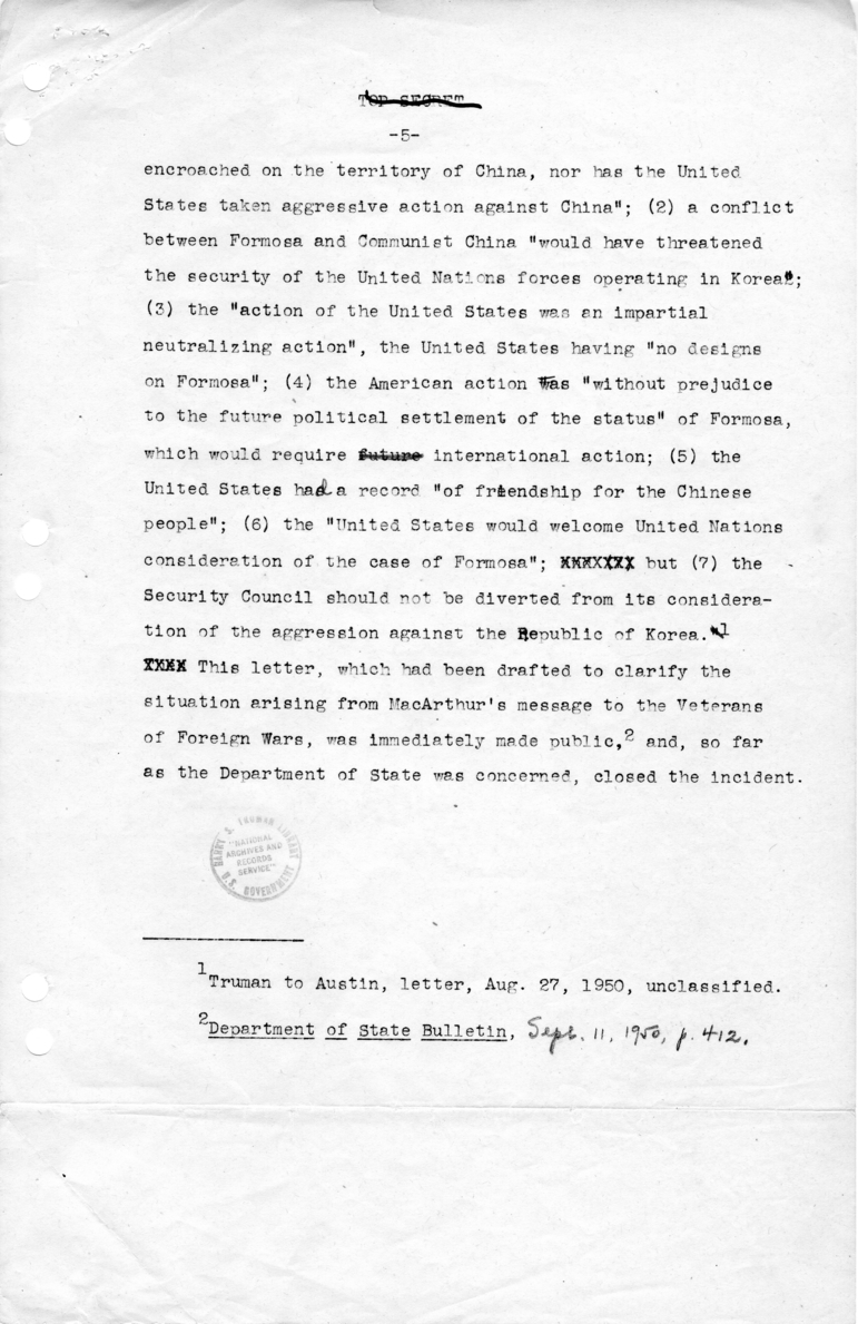 Draft Report Regarding General MacArthur's Message on Formosa