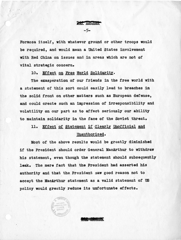 Notes Regarding General MacArthur&#039;s Message on Formosa