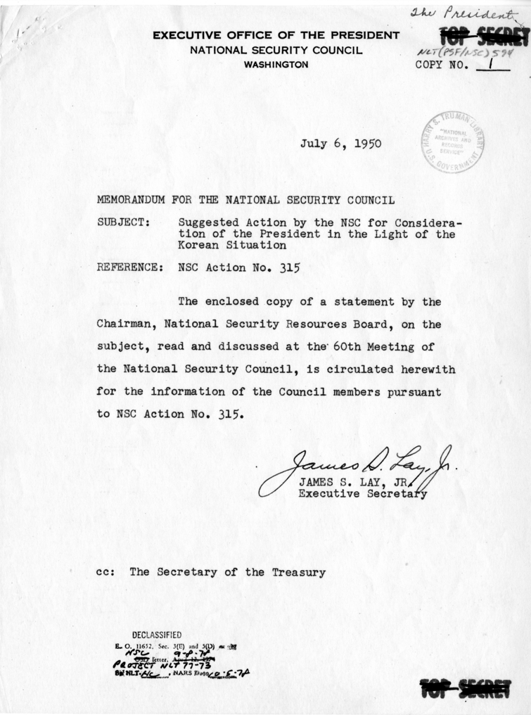 James S. Lay to National Security Council, with attachment