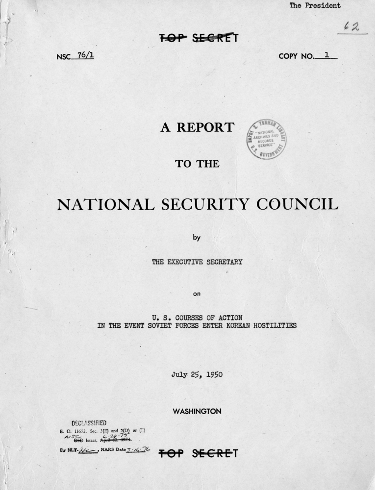National Security Council Report 76/1, "U.S. Courses of Action in the Event Soviet Forces Enter Korean Hostilities"