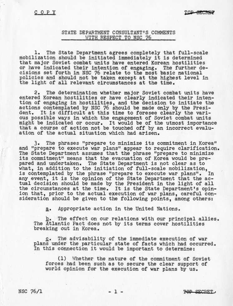 National Security Council Report 76/1, "U.S. Courses of Action in the Event Soviet Forces Enter Korean Hostilities"
