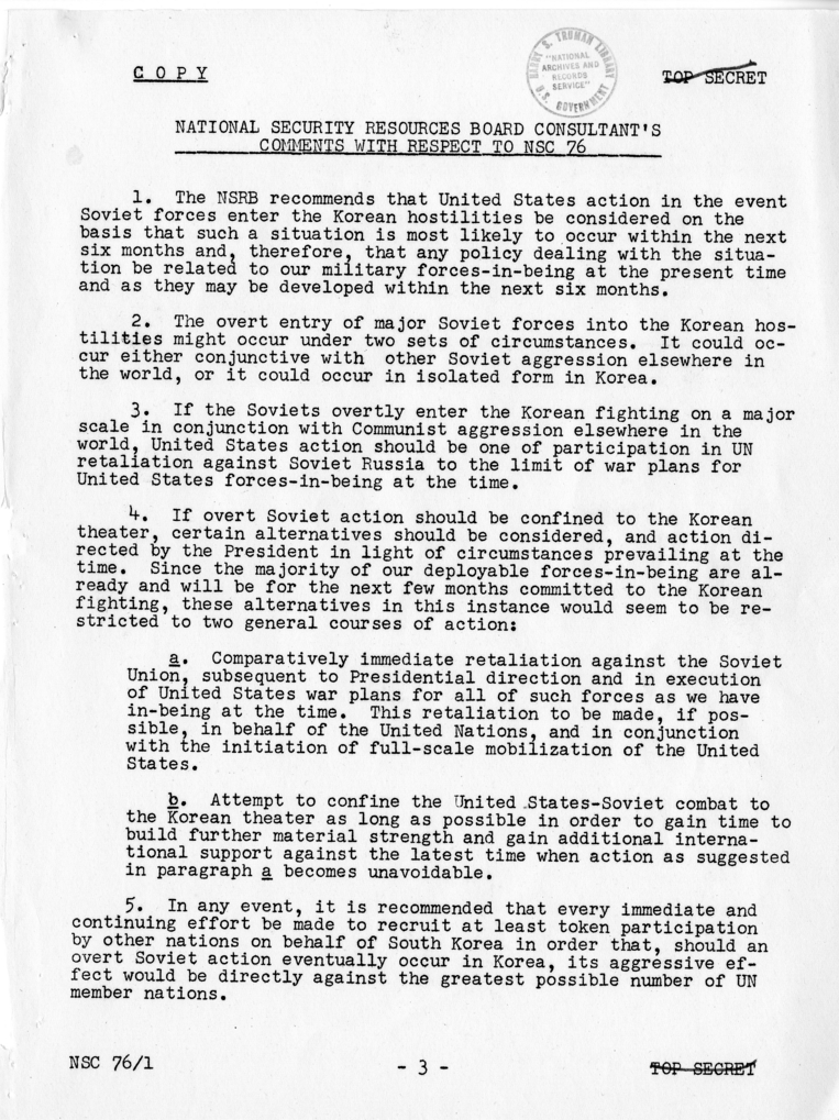 National Security Council Report 76/1, &quot;U.S. Courses of Action in the Event Soviet Forces Enter Korean Hostilities&quot;