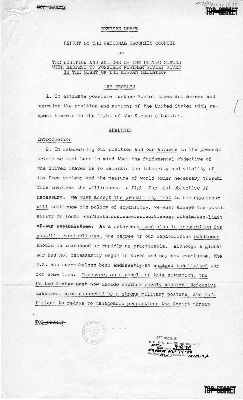 Report to the National Security Council 73/2, &quot;The Position and Actions of the United States With Respect to Possible Further Soviet Moves in the Light of the Korean Situation&quot;