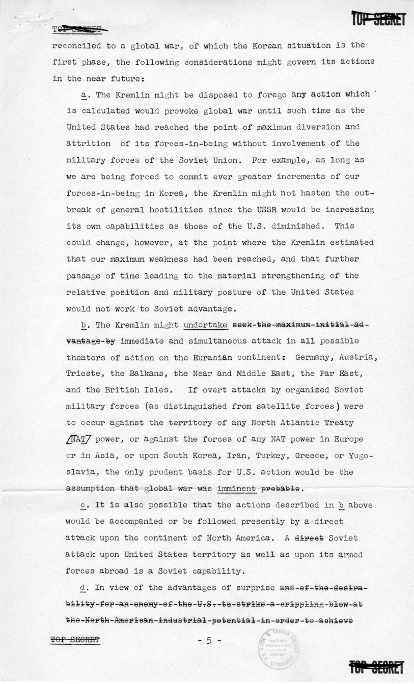 Report to the National Security Council 73/2, &quot;The Position and Actions of the United States With Respect to Possible Further Soviet Moves in the Light of the Korean Situation&quot;