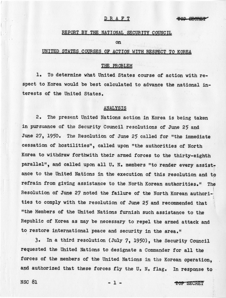 National Security Council Report 81, &quot;United States Courses of Action With Respect to Korea&quot;