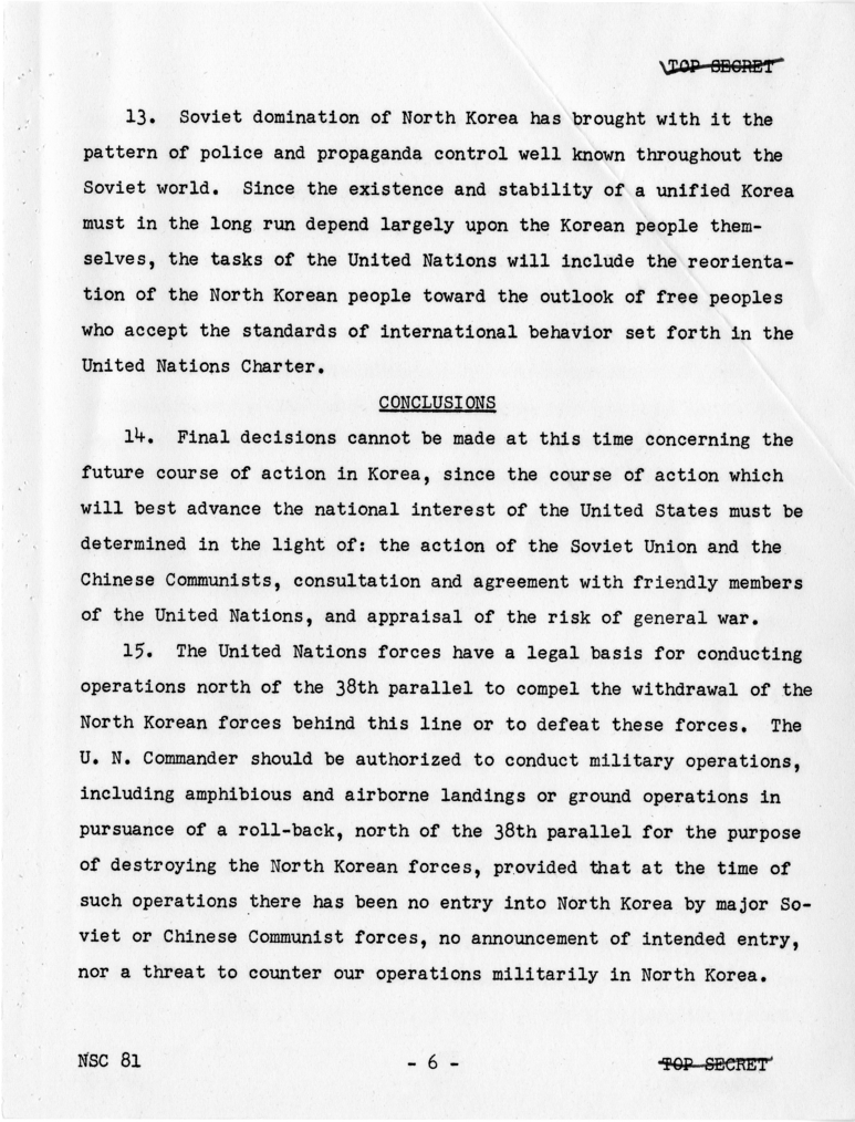 National Security Council Report 81, &quot;United States Courses of Action With Respect to Korea&quot;