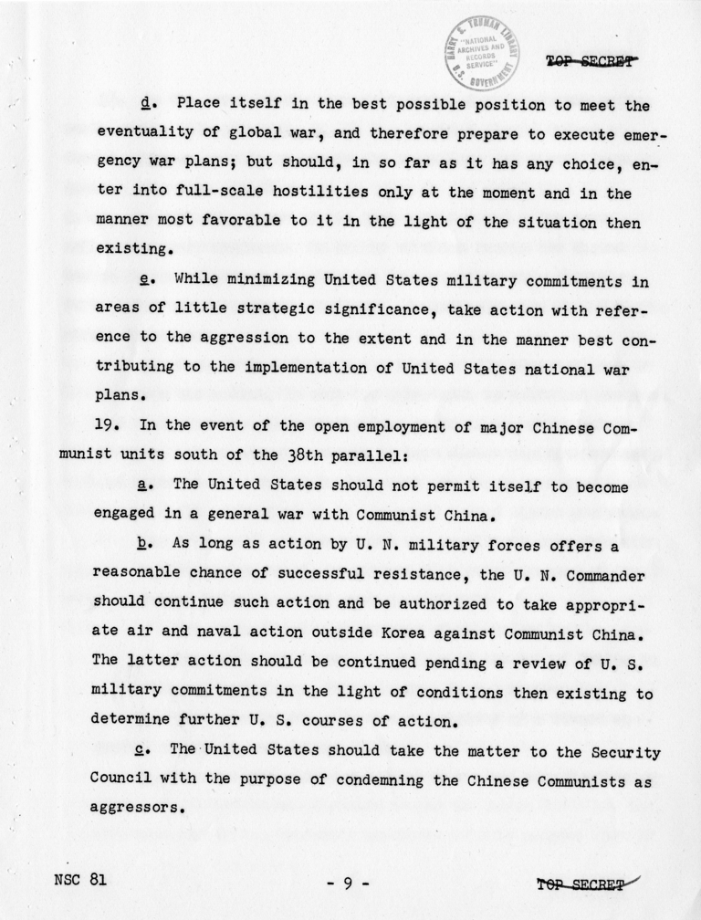 National Security Council Report 81, &quot;United States Courses of Action With Respect to Korea&quot;