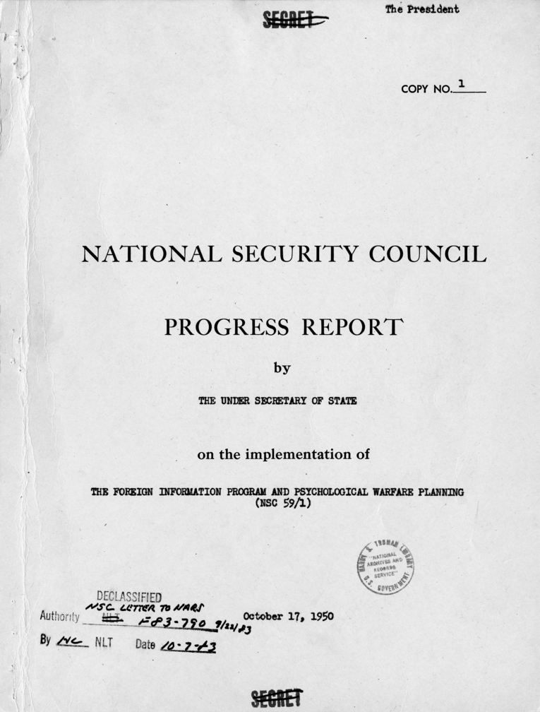 National Security Council Progress Report Regarding Psychological Warfare