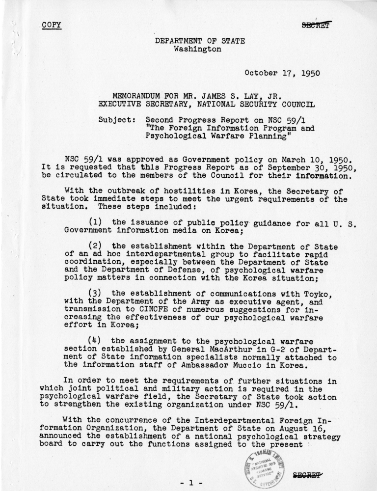 National Security Council Progress Report Regarding Psychological Warfare