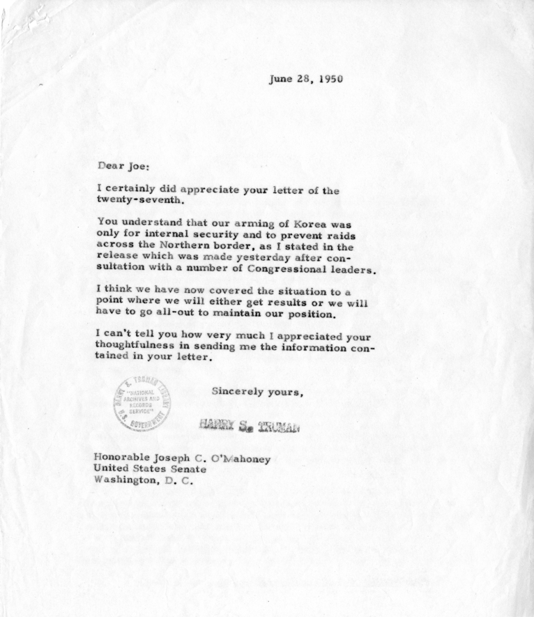Correspondence Between Joseph O&#039;Mahoney and Harry S. Truman
