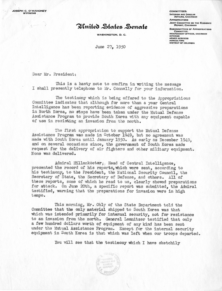 Correspondence Between Joseph O&#039;Mahoney and Harry S. Truman