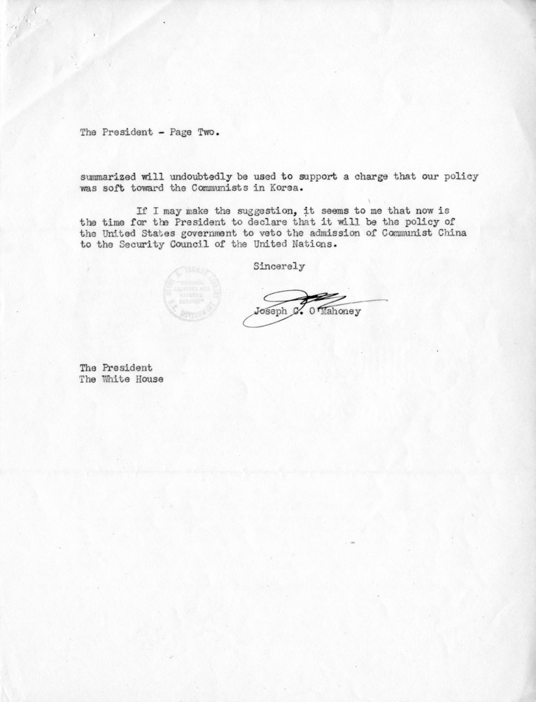Correspondence Between Joseph O&#039;Mahoney and Harry S. Truman