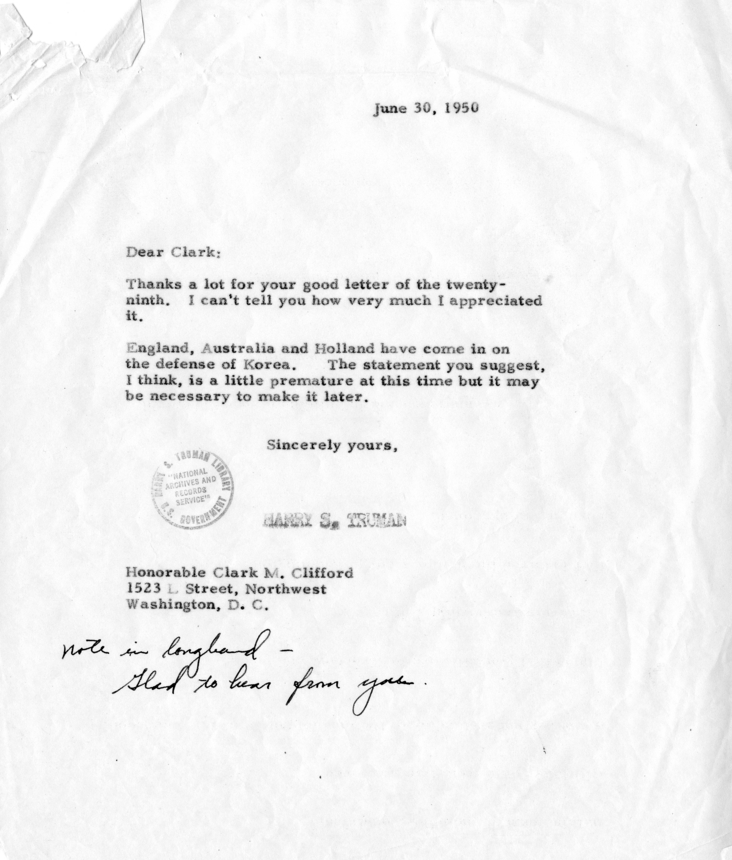 Correspondence Between Clark M. Clifford and Harry S. Truman