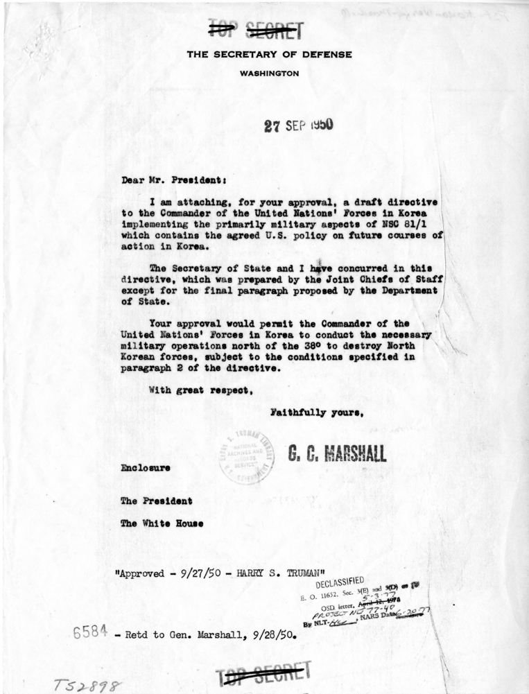 George C. Marshall to Harry S. Truman, With Attached Directive to Commander of United Nations Forces in Korea