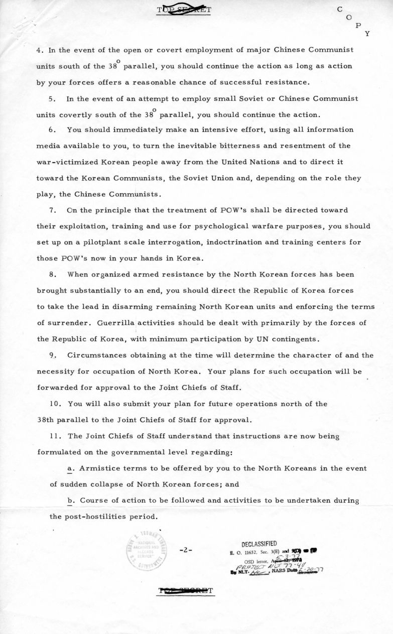 George C. Marshall to Harry S. Truman, With Attached Directive to Commander of United Nations Forces in Korea