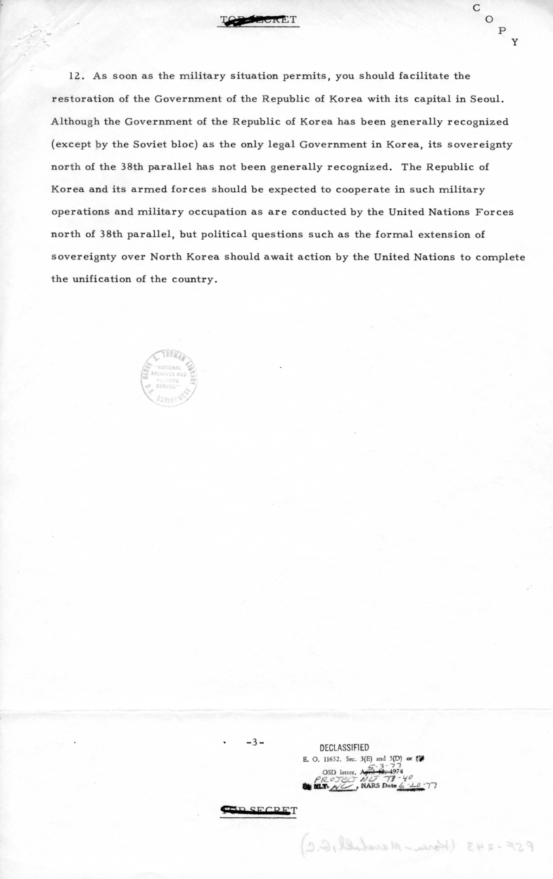 George C. Marshall to Harry S. Truman, With Attached Directive to Commander of United Nations Forces in Korea