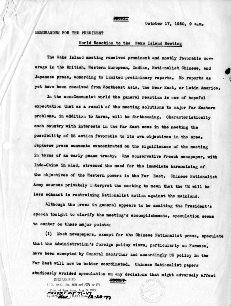 Memorandum for the President, &quot;World Reaction to the Wake Island Meeting&quot;
