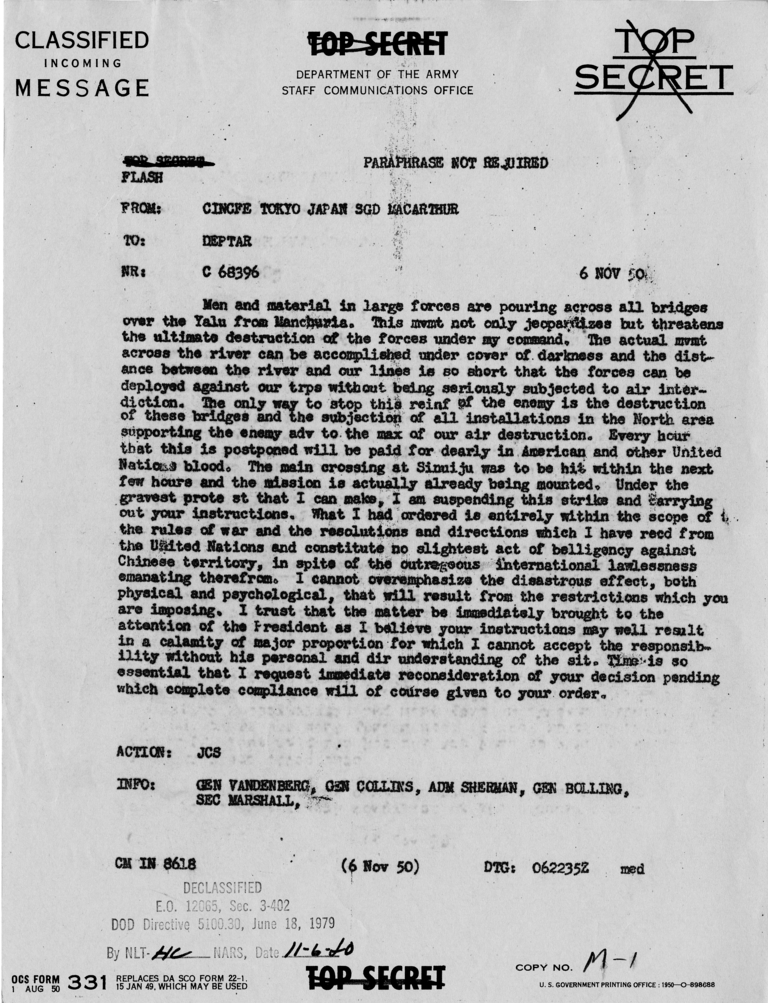 Douglas MacArthur to Department of the Army