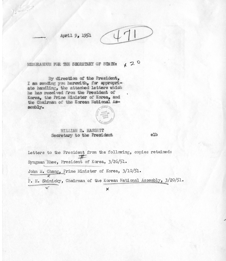 William D. Hassett to Dean Acheson, With Attachments