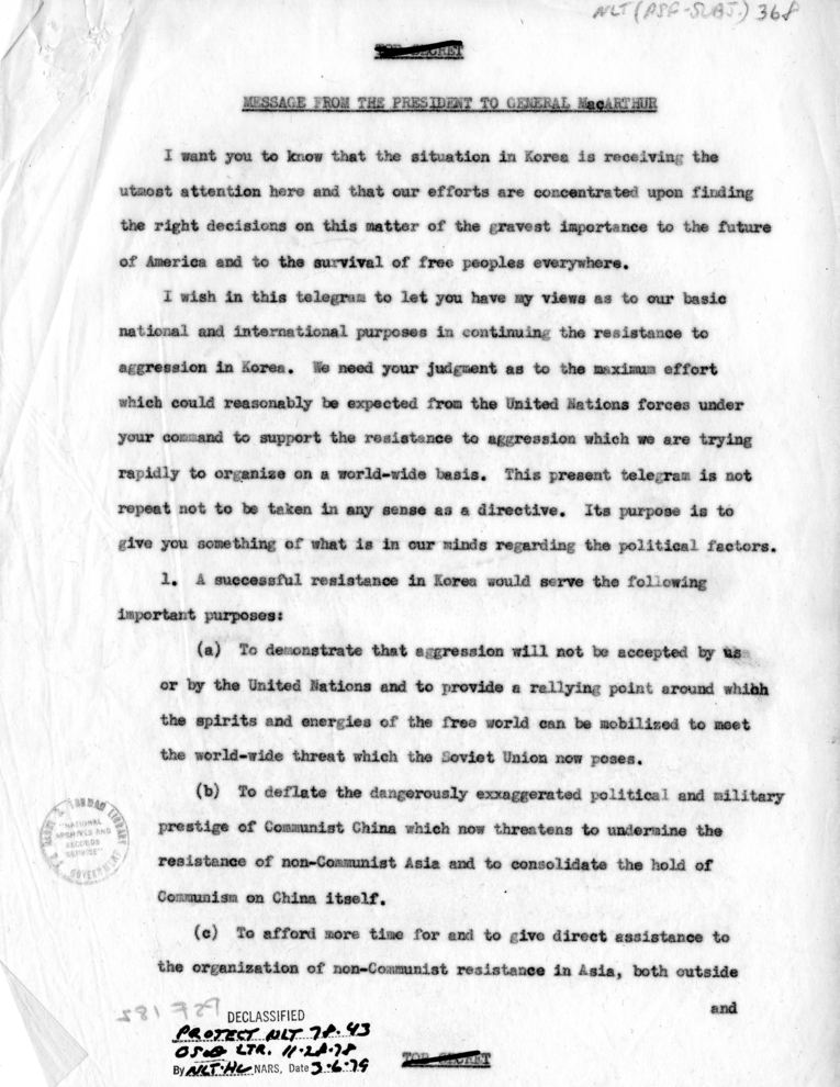 Harry S. Truman to Douglas MacArthur