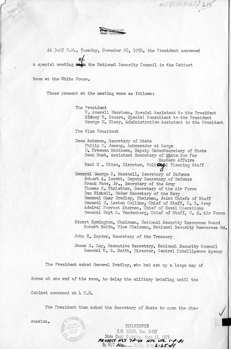 Minutes of the National Security Council Meeting with Harry S. Truman