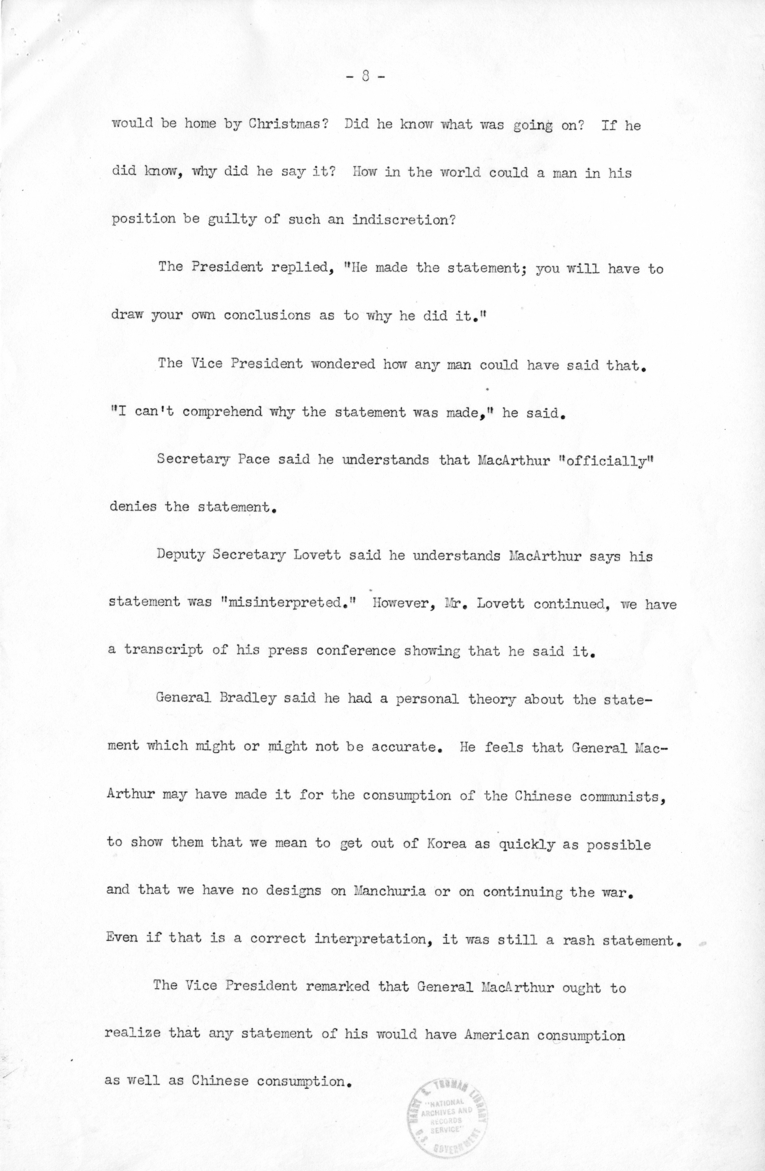 Minutes of the National Security Council Meeting with Harry S. Truman