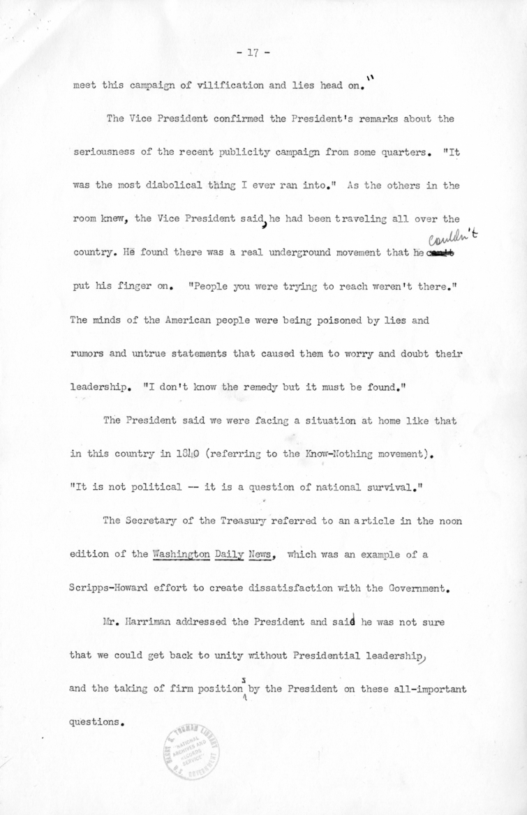 Minutes of the National Security Council Meeting with Harry S. Truman