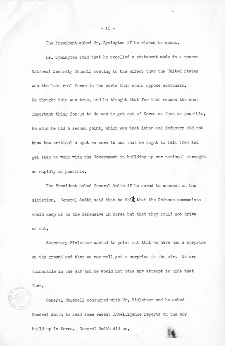 Minutes of the National Security Council Meeting with Harry S. Truman