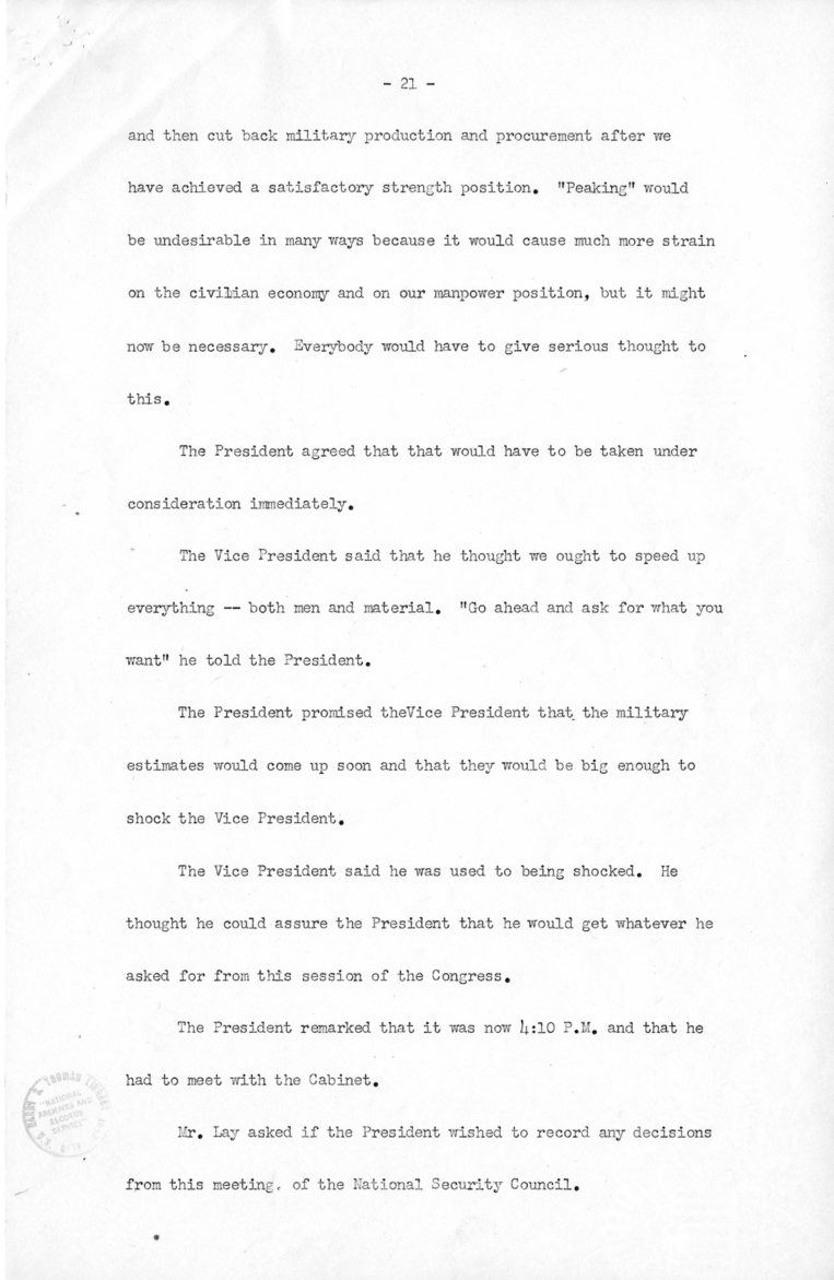 Minutes of the National Security Council Meeting with Harry S. Truman