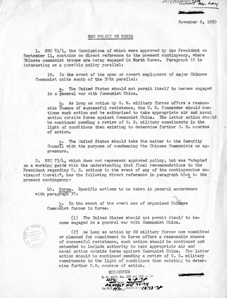 Report, National Security Council Policy on Korea