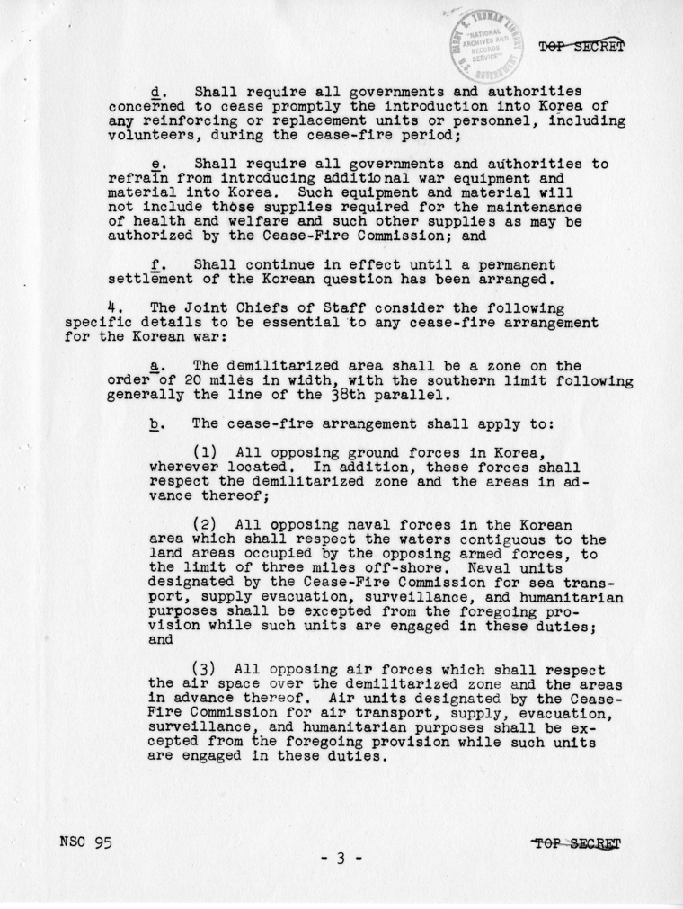 &quot;United States Position Regarding a Cease-Fire in Korea,&quot; National Security Council Report #95