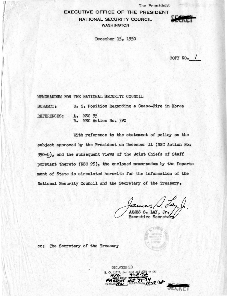 James S. Lay, Jr. to National Security Council, with attachment