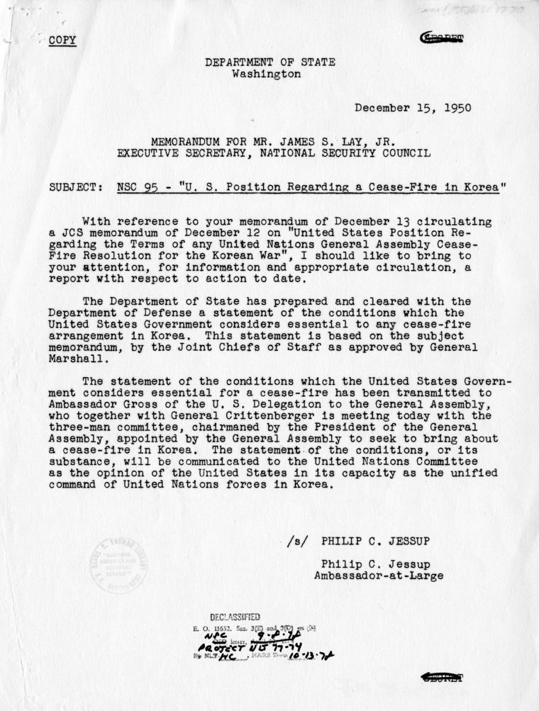 James S. Lay, Jr. to National Security Council, with attachment