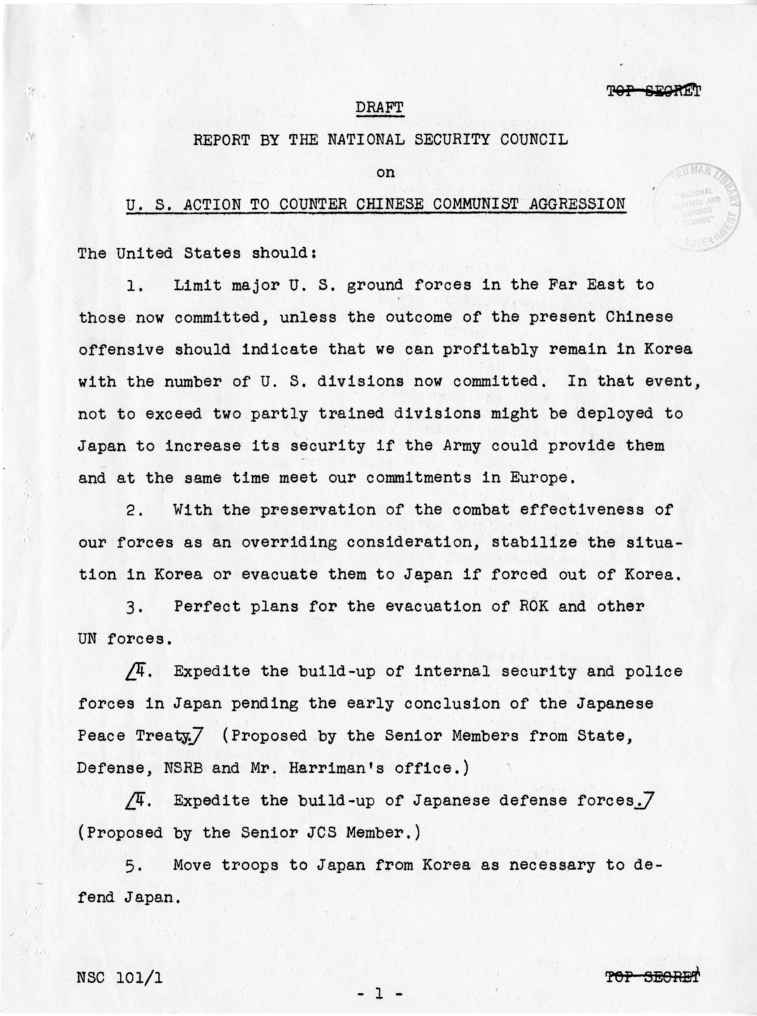 "United States Action to Counter Chinese Communist Aggression," National Security Council Report 101/1