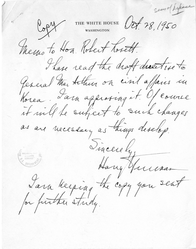 Harry S. Truman to Robert A. Lovett, With Attachments