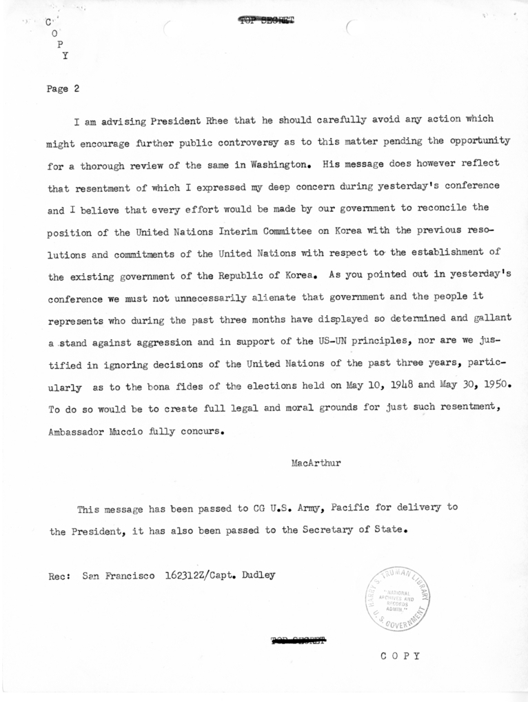 Correspondence between Harry S. Truman and Douglas MacArthur