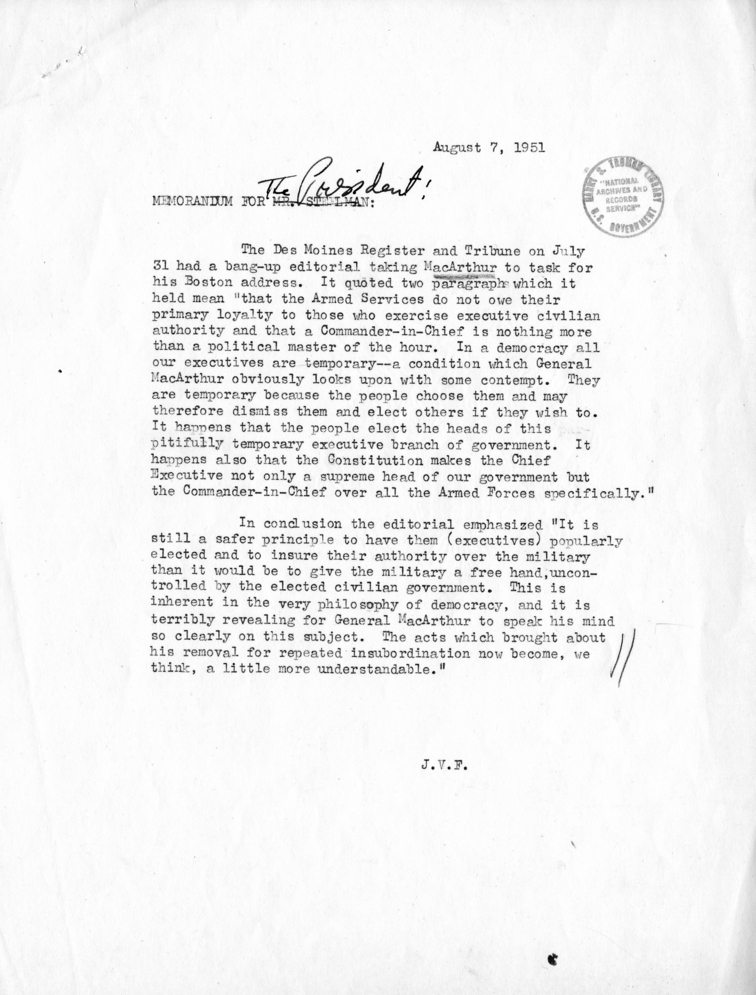 J.V.F. to Harry S. Truman