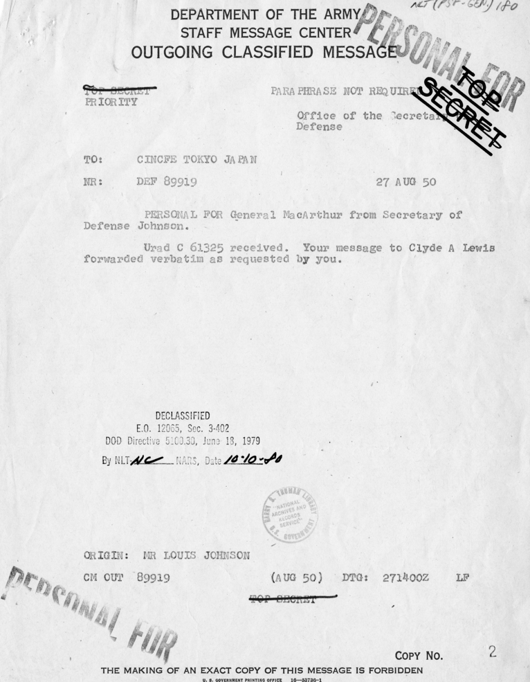 Messages Between Louis Johnson and Douglas MacArthur