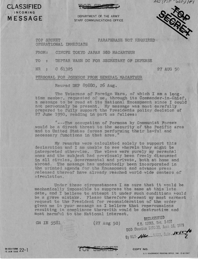 Messages Between Louis Johnson and Douglas MacArthur