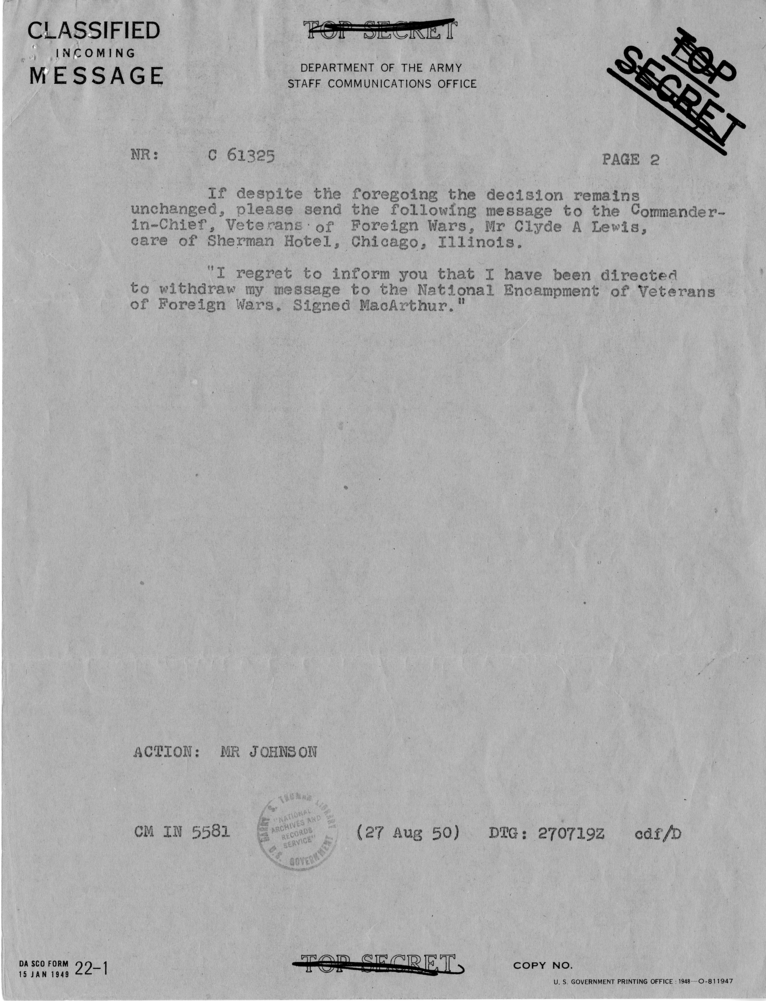 Messages Between Louis Johnson and Douglas MacArthur