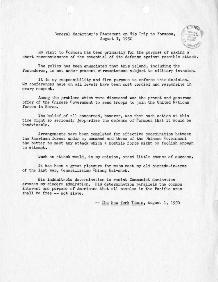 Douglas MacArthur's Statement Regarding His Trip to Formosa