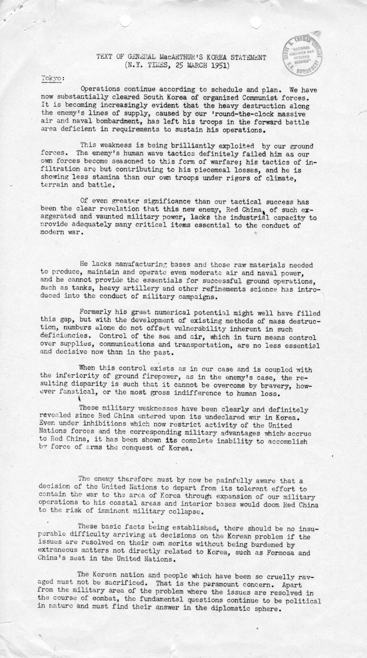 Statement of General Douglas MacArthur