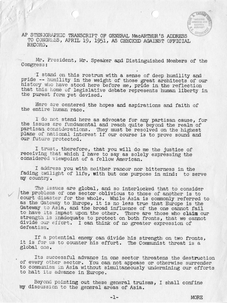 Transcript of General Douglas MacArthur&#039;s Address to Congress