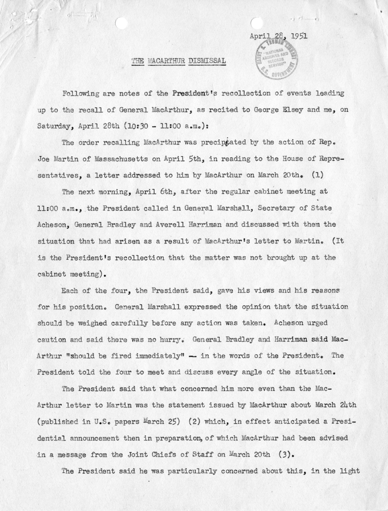 Memorandum, "The MacArthur Dismissal"